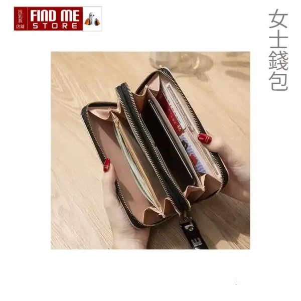 Solid Color Long Wallet, Double Zippers Women's Faux Leather Card Holder - Image 3