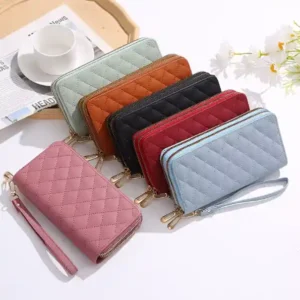 Solid Color Long Wallet, Double Zippers Women's Faux Leather Card Holder