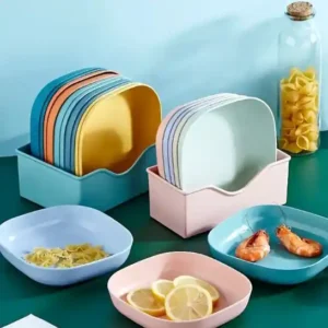 10 PCS Reusable Square Plates Set, Eco-Friendly & Unbreakable Dinner Plates with Stand