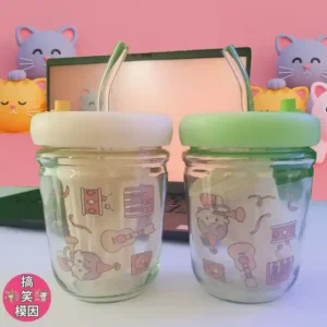 🍃Bubble Tea Leak-Resistant Adorable 350ml Clear Glass Jar with Straw