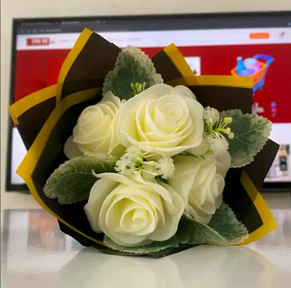 Golden Serenity: Opulent Ivory Rose Bouquet Luxurious Blossom🎀 - Image 7